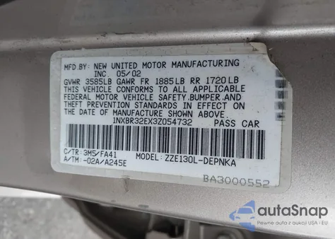 2003 Toyota Corolla Le из США, поврежденный, VIN 1NXBR32EX3Z054732